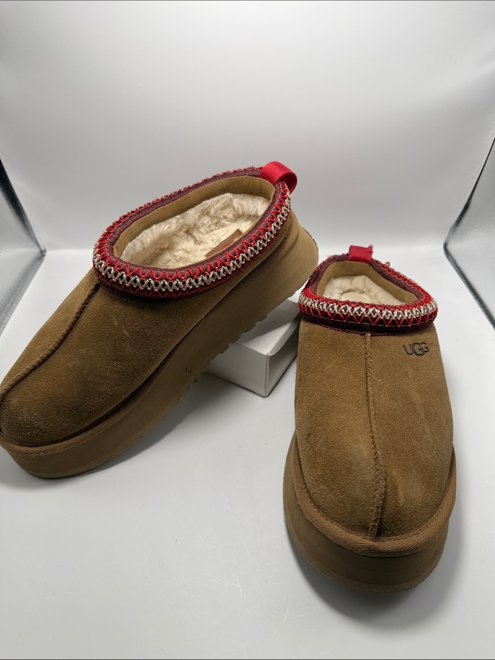 UGG Chestnut Suede Platform Clogs Slippers Embroidered Trim